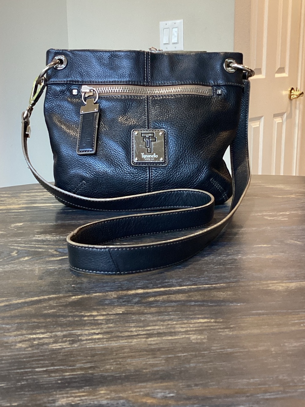 Tignanello Black Pebbled Leather Shoulder Bag with Silver Hardware